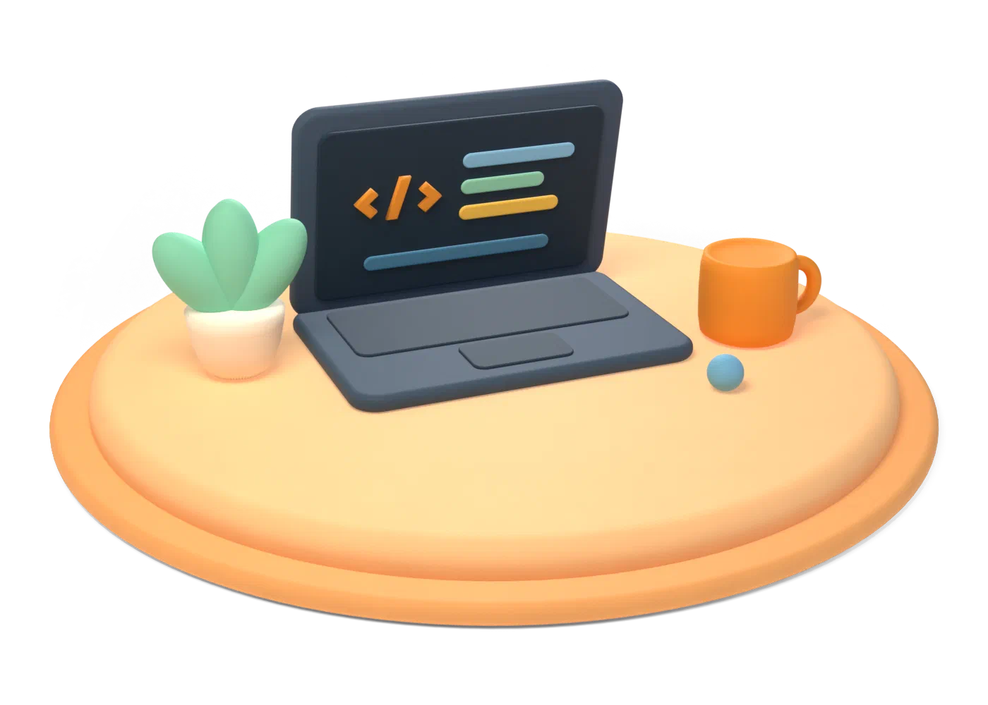 A clay desk with a laptop showing code, a coffee mug and a small plant