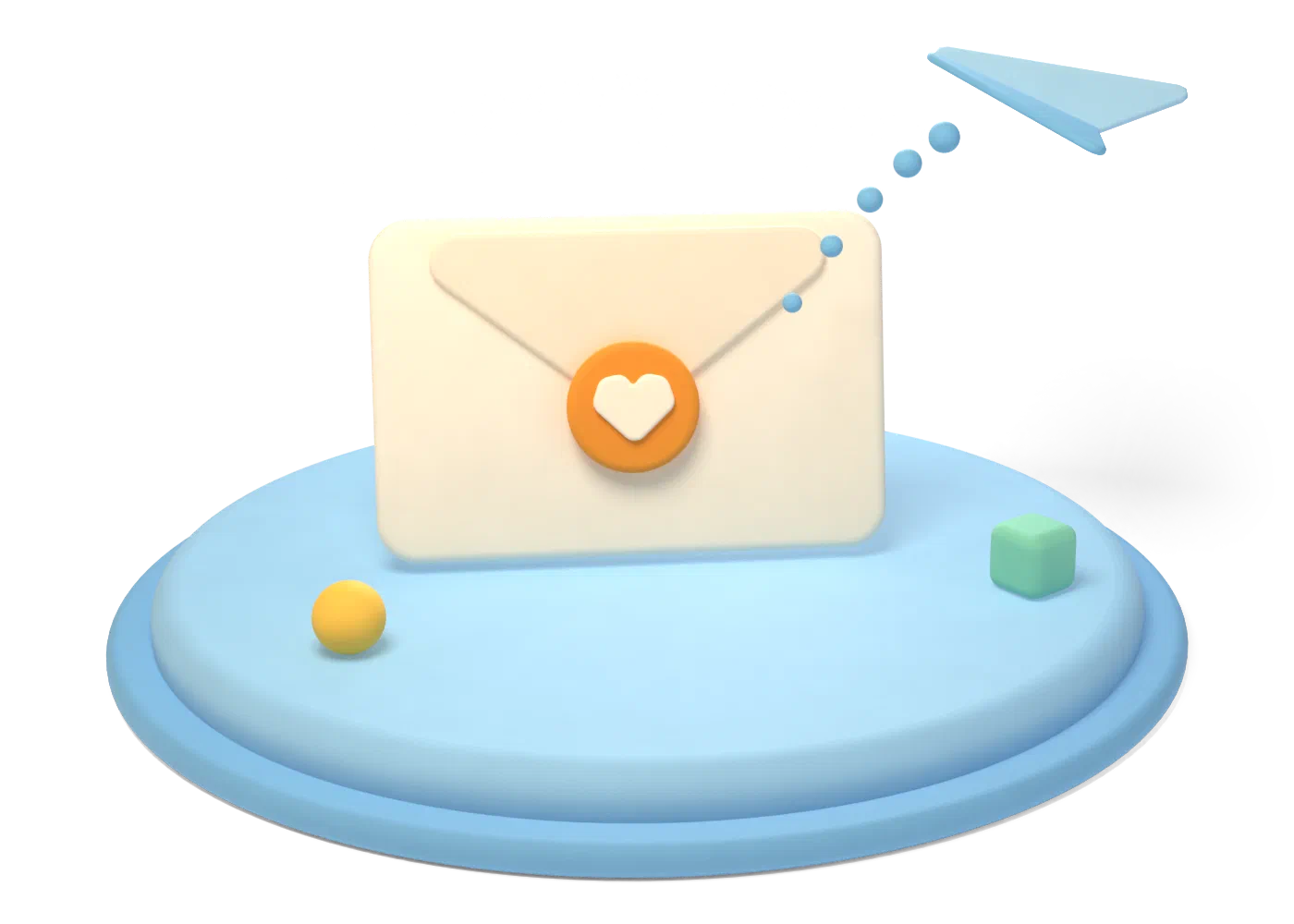 A clay envelope with a heart seal and a paper plane taking off