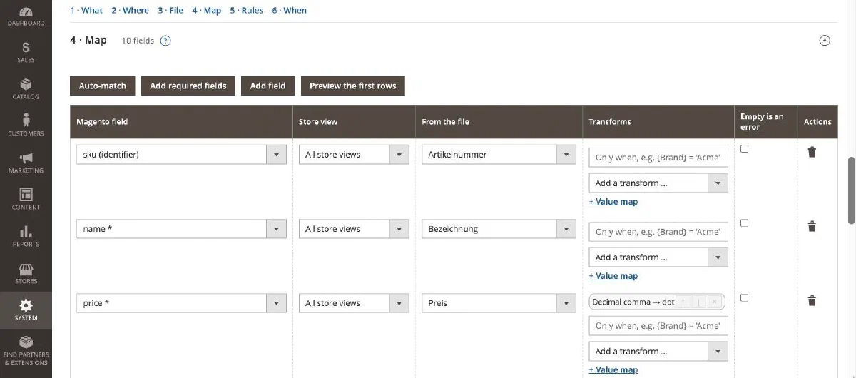 The mapping step: the German columns Artikelnummer, Bezeichnung and Preis mapped to sku, name and price, with a decimal comma transform