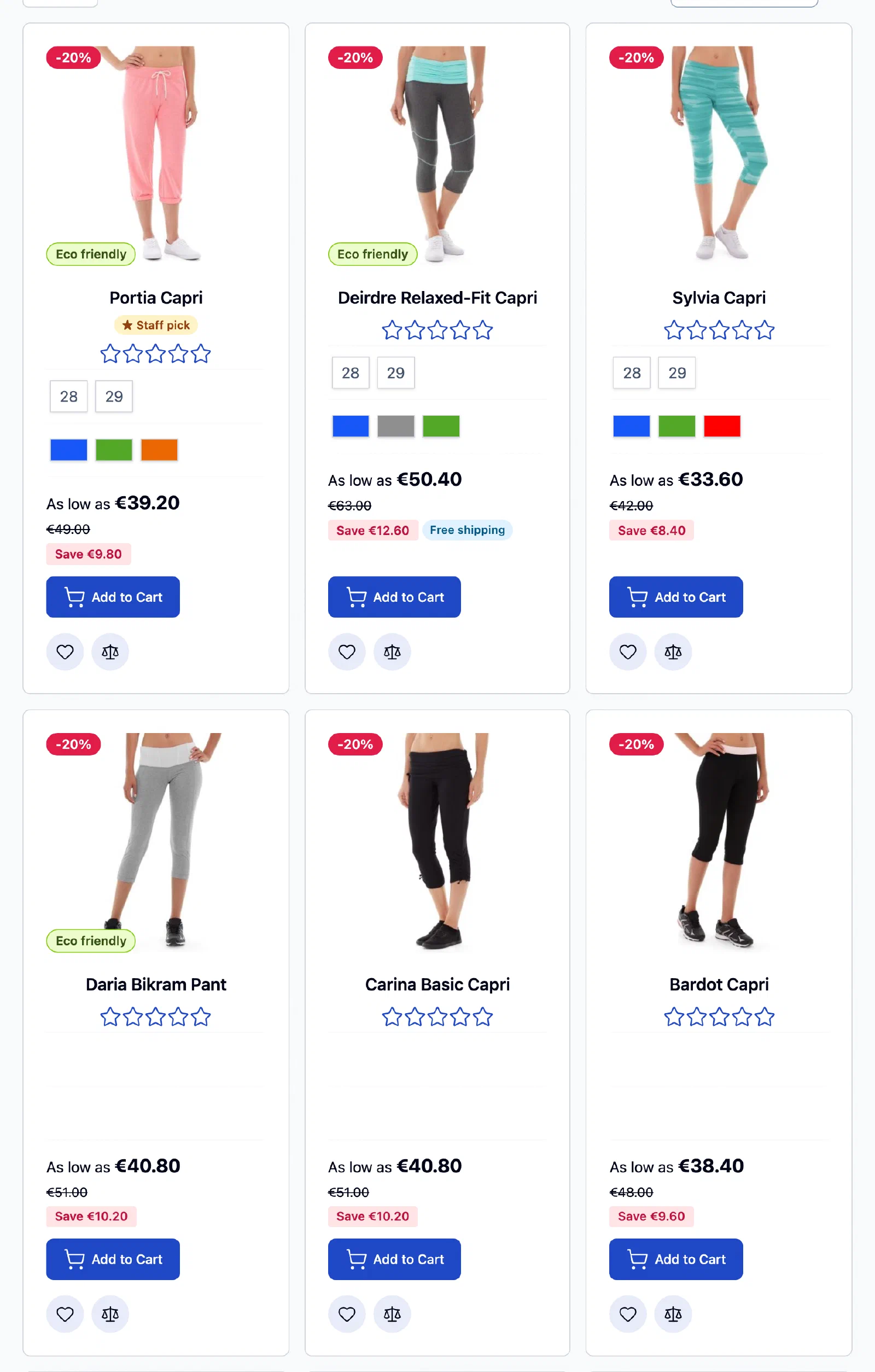 A Hyvä category page with OpenLabel labels: -20% badges, Eco friendly tags, Staff pick under the name and Save amounts next to the price