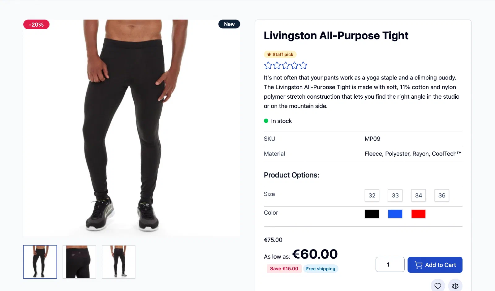 A product page with -20%, New, Staff pick, Save €15.00 and Free shipping labels